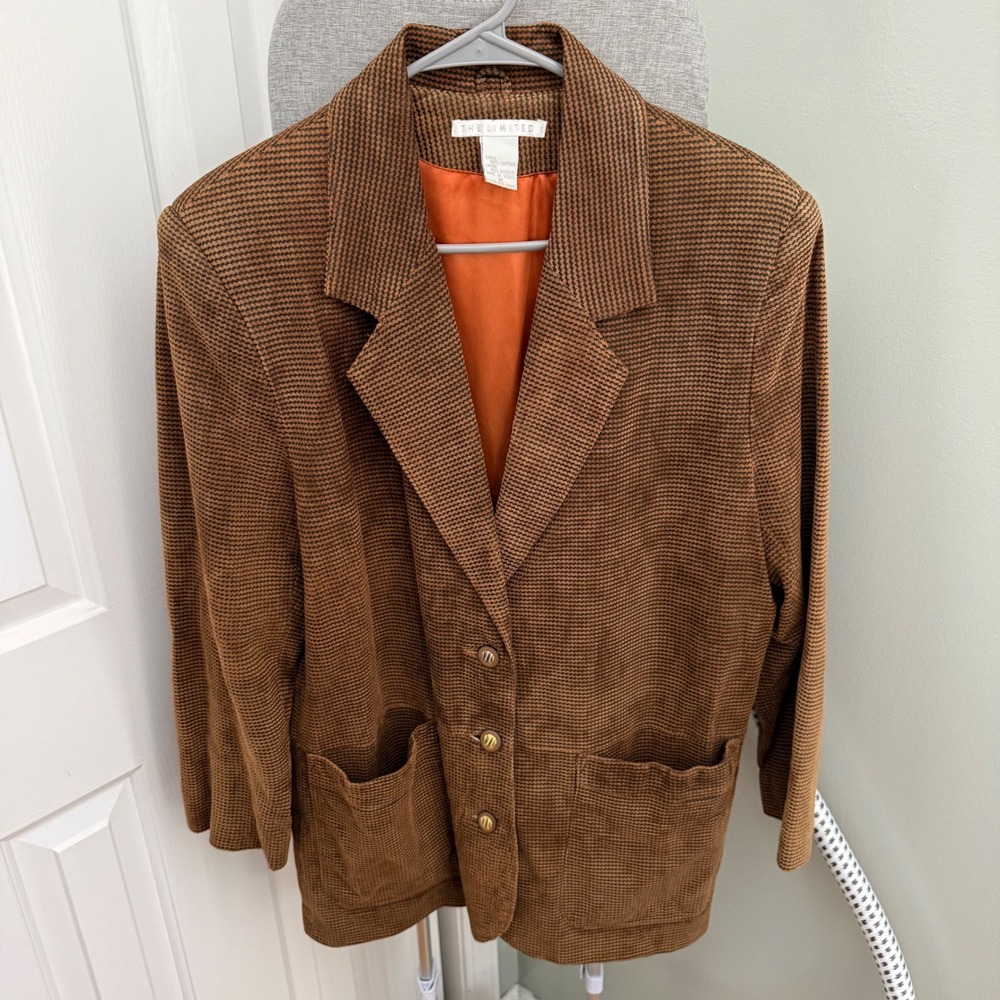 Vintage The Limited Brown Leather Houndstooth Blazer Medium Dark Academia 90s
